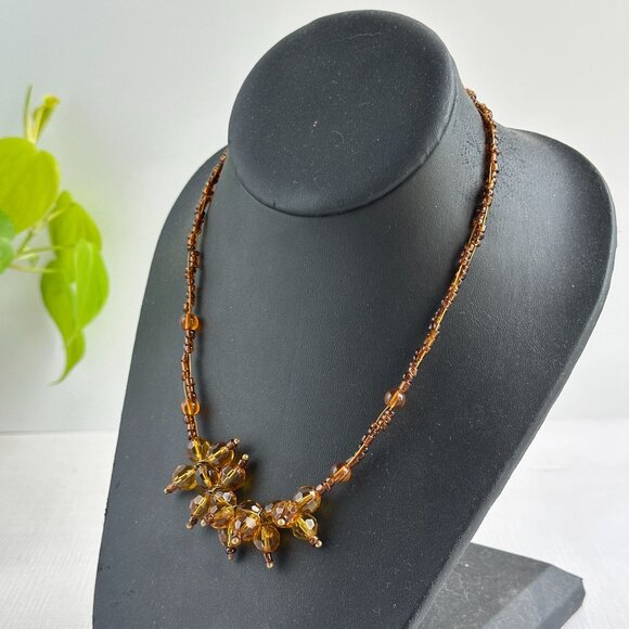 Amber Glass Bead Necklace Adjustable 16"-18" With Clustered Bead Accent - Picture 2 of 10